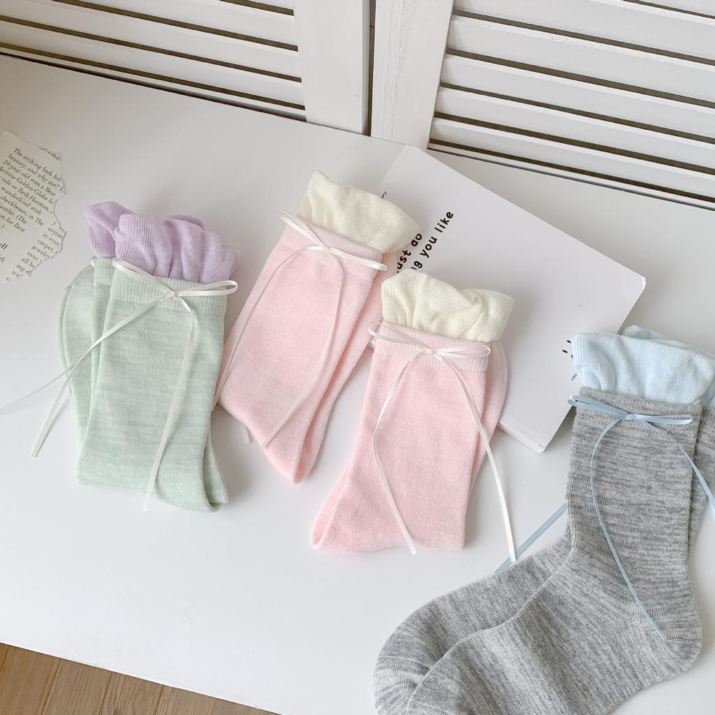 Stacked socks children's bud medium tube women's socks bow cute small white leather shoes medium long socks
