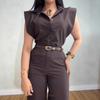 2025 Summer European & American Women's Sleeveless Shirt Collar Waist-Cinching Cardigan and Pocketed Pants Two-Piece Outfit