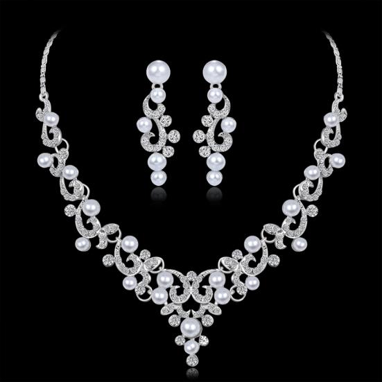 Fashion Alloy Rhinestone Faux Pearl Necklace Earrings Women Bride Jewelry Set