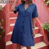 Women's Fashion Summer Spring Solid Color Print Short Sleeve V-Neck Loose Waistline Casual Dresses