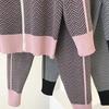 New Tracksuit Woman Patchwork Turtleneck Zipper Knitted Cardigans+Pants 2 Piece Set Knit Top Trouser Outfit