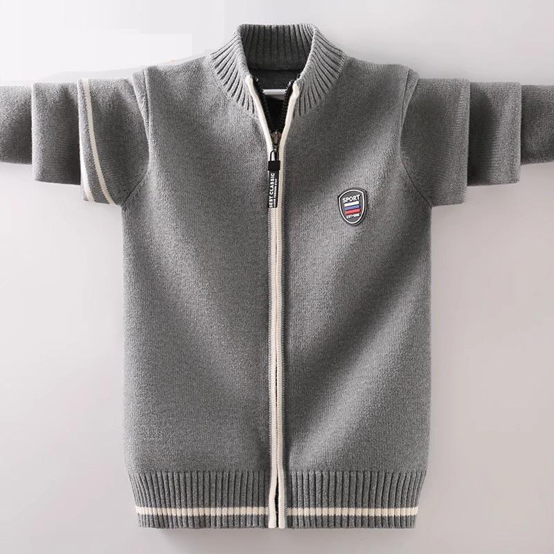 Красный вязаный кардиган на молнии для мальчиков: На флисовой подкладке, из чистого хлопка, толстый шерстяной для осени/зимы