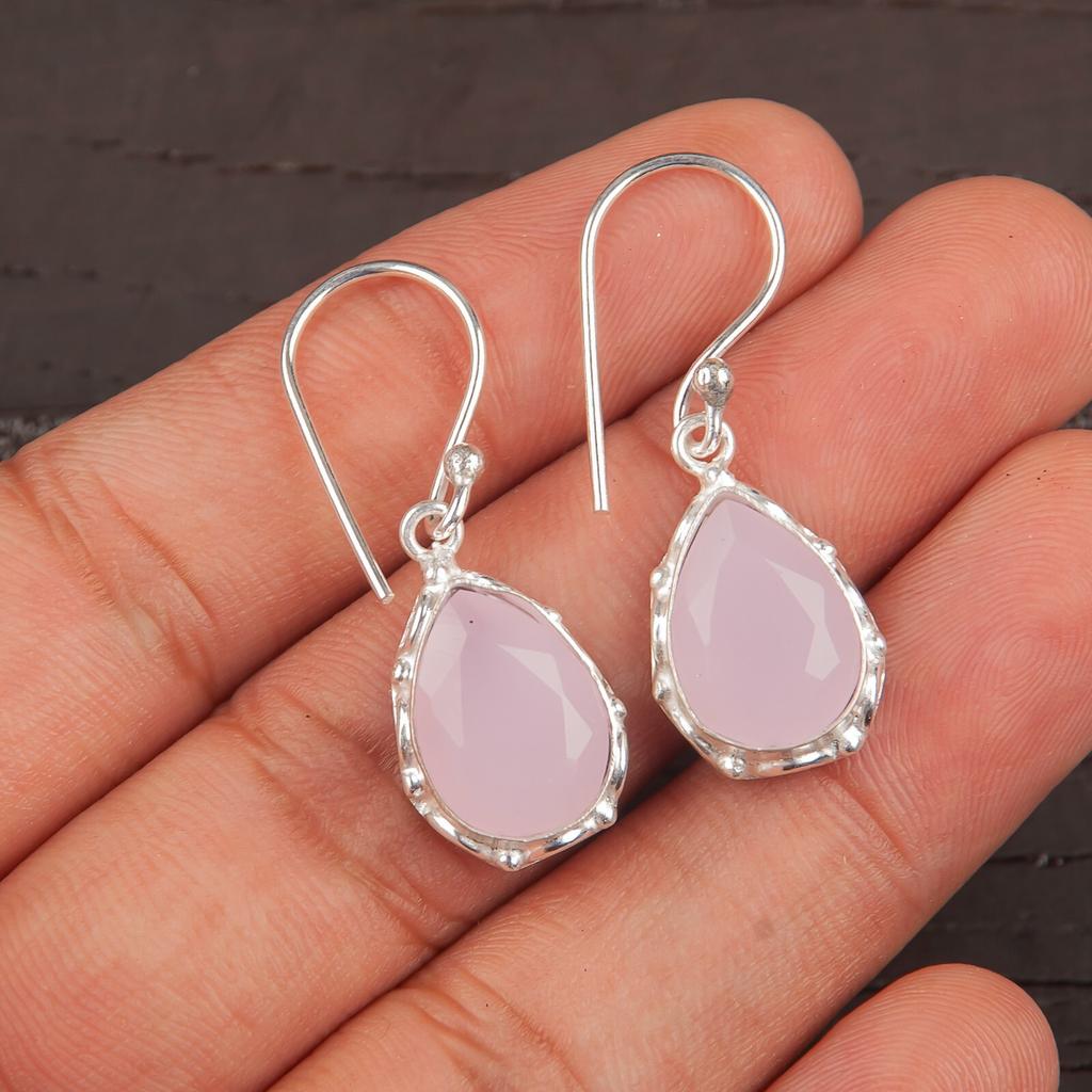 Natural Rose Chalcedony Gemstone 925 Sterling Silver Handcrafted Earrings 1.30" EE-3-15