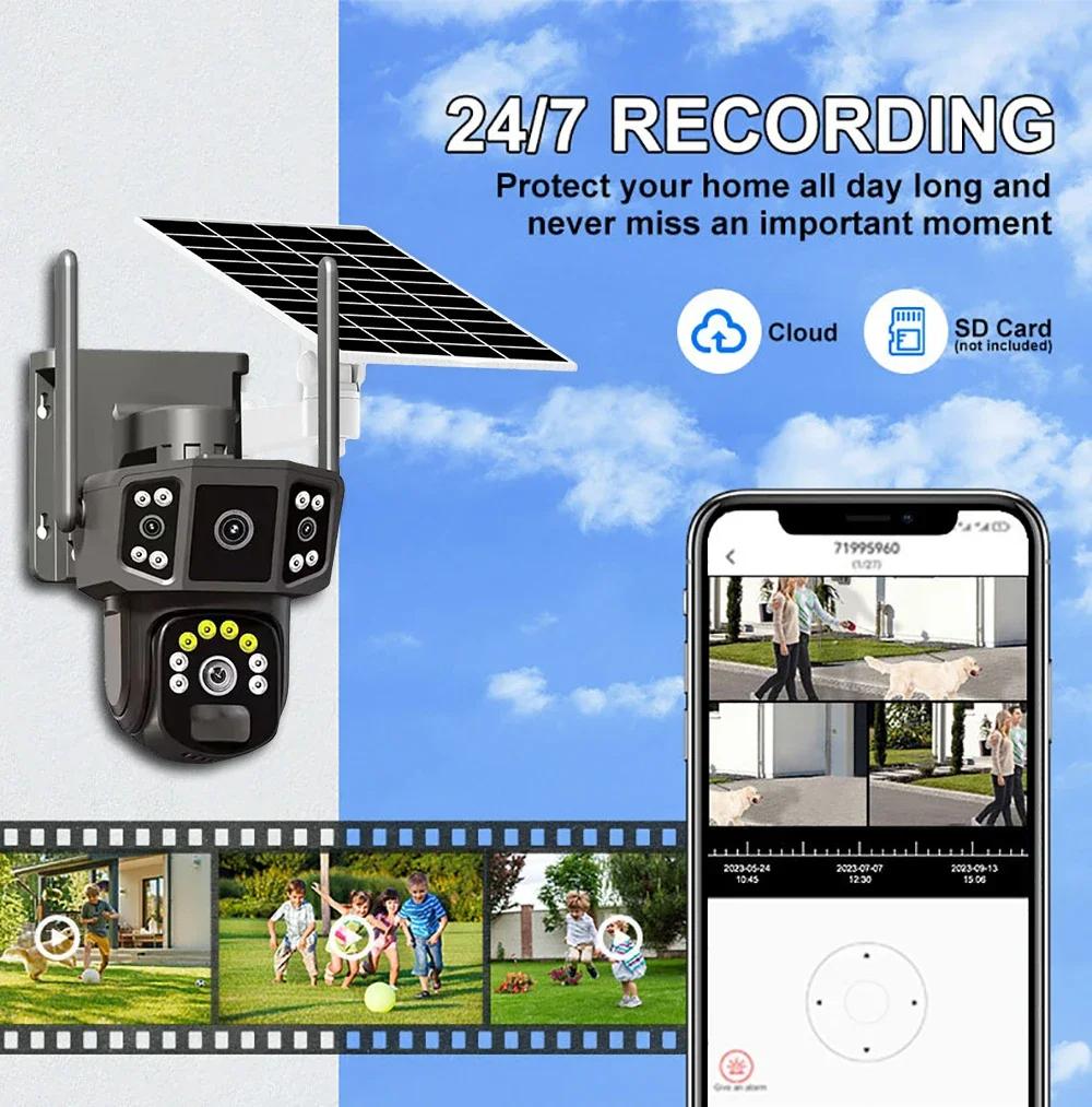 4K 8MP HD Dual Lens 4G SIM Solar Camera PTZ Auto Tracking Three Screens Outdoor Security Surveillance WIFI CCTV IP Cameras V380 APP