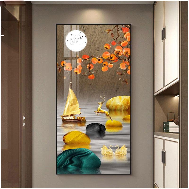 Abstract Fengshui Golden Zen Stone Canvas Painting Golden Moon Deer Wall Art Rich Tree Posters for Porch Wall Decor No Frame