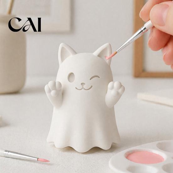 Customizable Holiday Decor 3D Printed Cute Ghost Cat Figurine, Wink Smile Surprise Spooky Halloween Decor, Unique Party Table Decorations Blank White