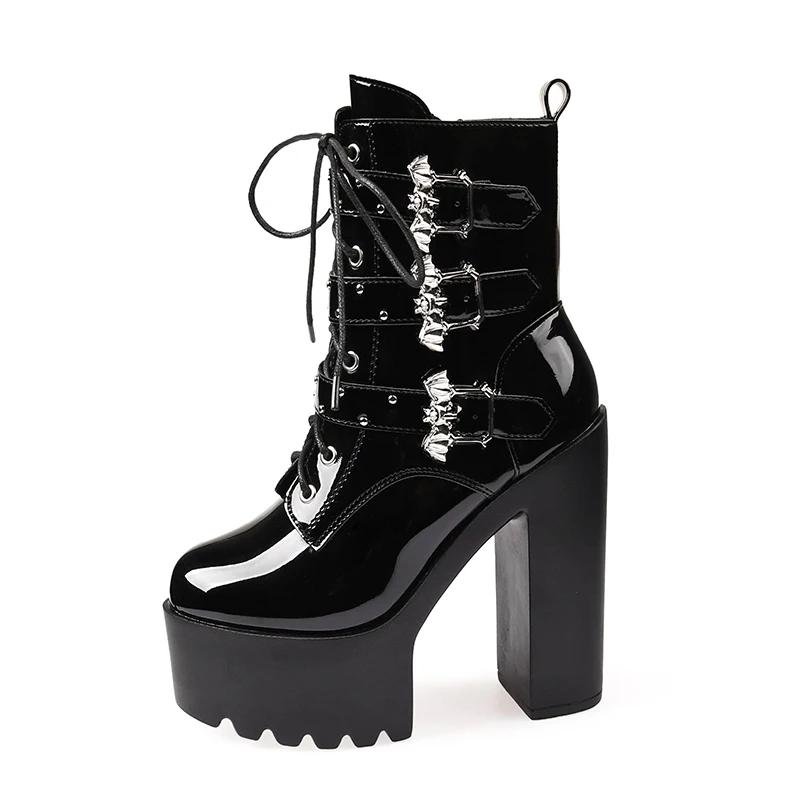 Зимняя мода сексуальные платформы шнуровка ремень пряжка белые черные толстая подошва высокий каблук короткие сапоги женские вечерние танцевальные туфли