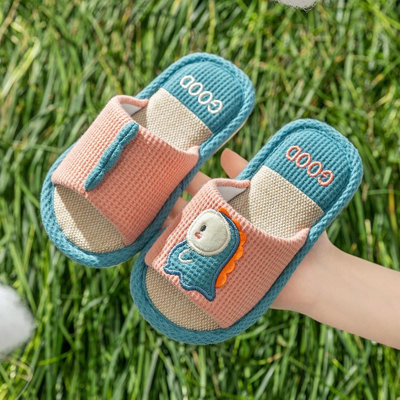 Children's Dinosaur Linen Slippers Female Spring and Autumn Seasons Home with Soft Bottom Cartoon Parent-child Cotton Linen Slippers Wholesale