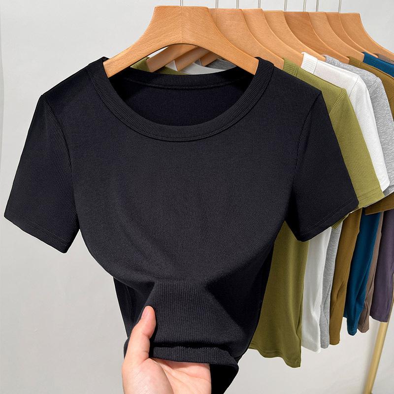Футболка с короткими рукавами для женщин, новая женская однотонная внутренняя рубашка, модный топ с большим круглым вырезом и талией