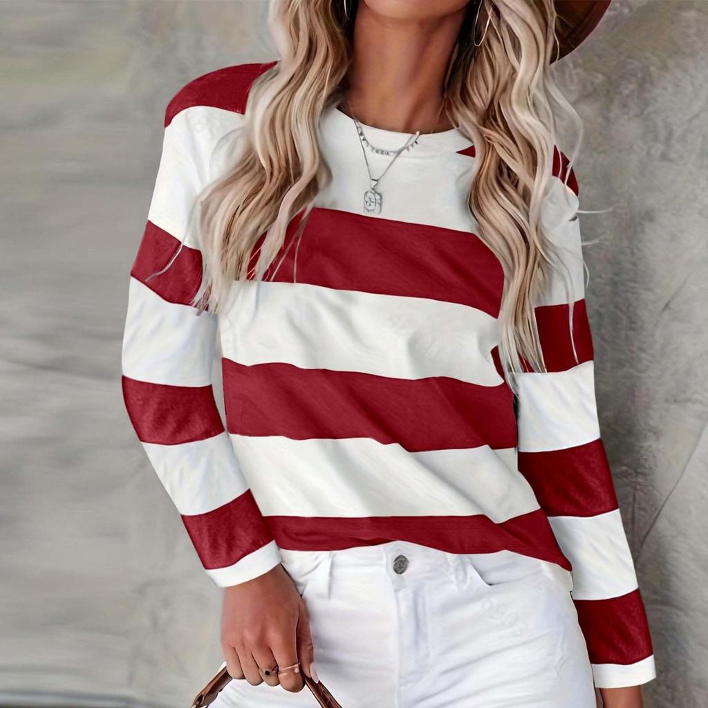 Women's Fashion Casual Striped Printed Round Neck Long Sleeve T-shirt Top
