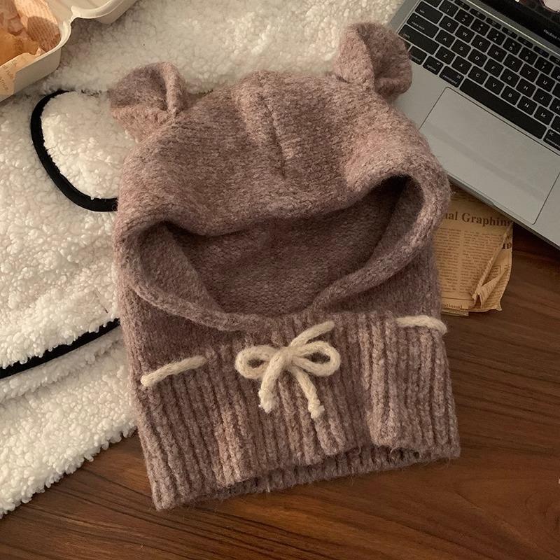 Cute Rabbit Ears Balaclava Women's Autumn and Winter Gray Hat Warm Ear Protection Beanie Trendy
