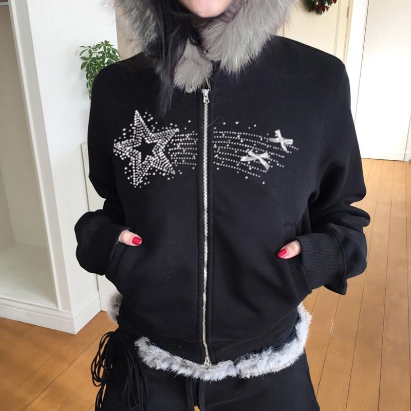 Womens Slim Fit Hooded Zip-Up Sweatshirt With Star Print Faux Fur Collar Front Pockets Fall Winter Streetwear