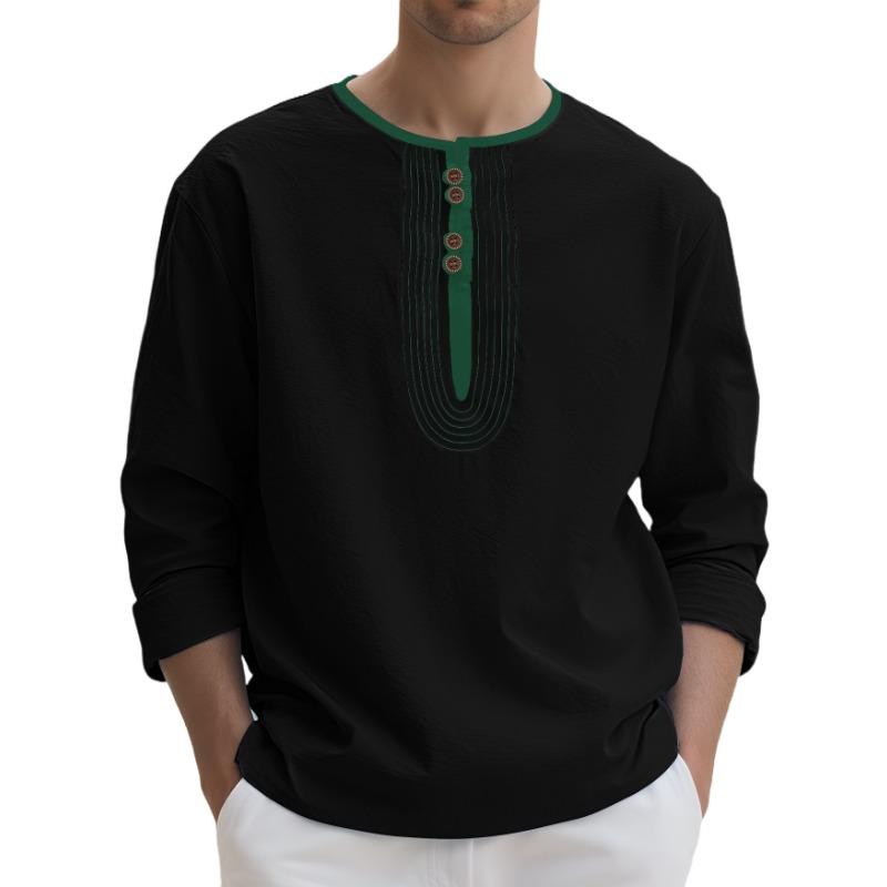 Henry Neck Men's Solid Color Linen Loose Casual Sports Long-sleeved T-shirt