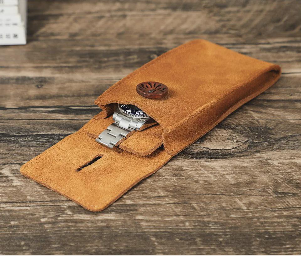 Suede Cowhide Leather Mechanical Watch & Portable Storage Bag