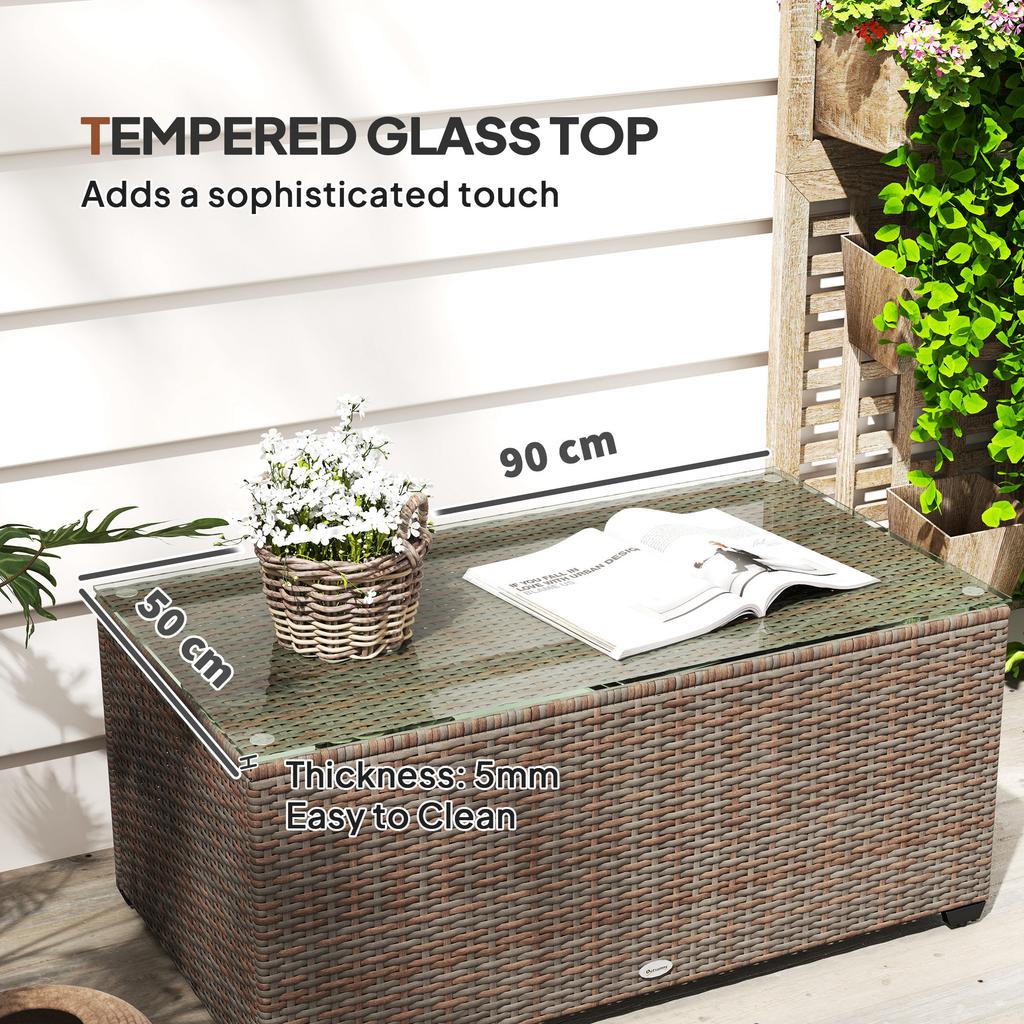90 x 50cm Glass-Top Rattan Side Table - Brown