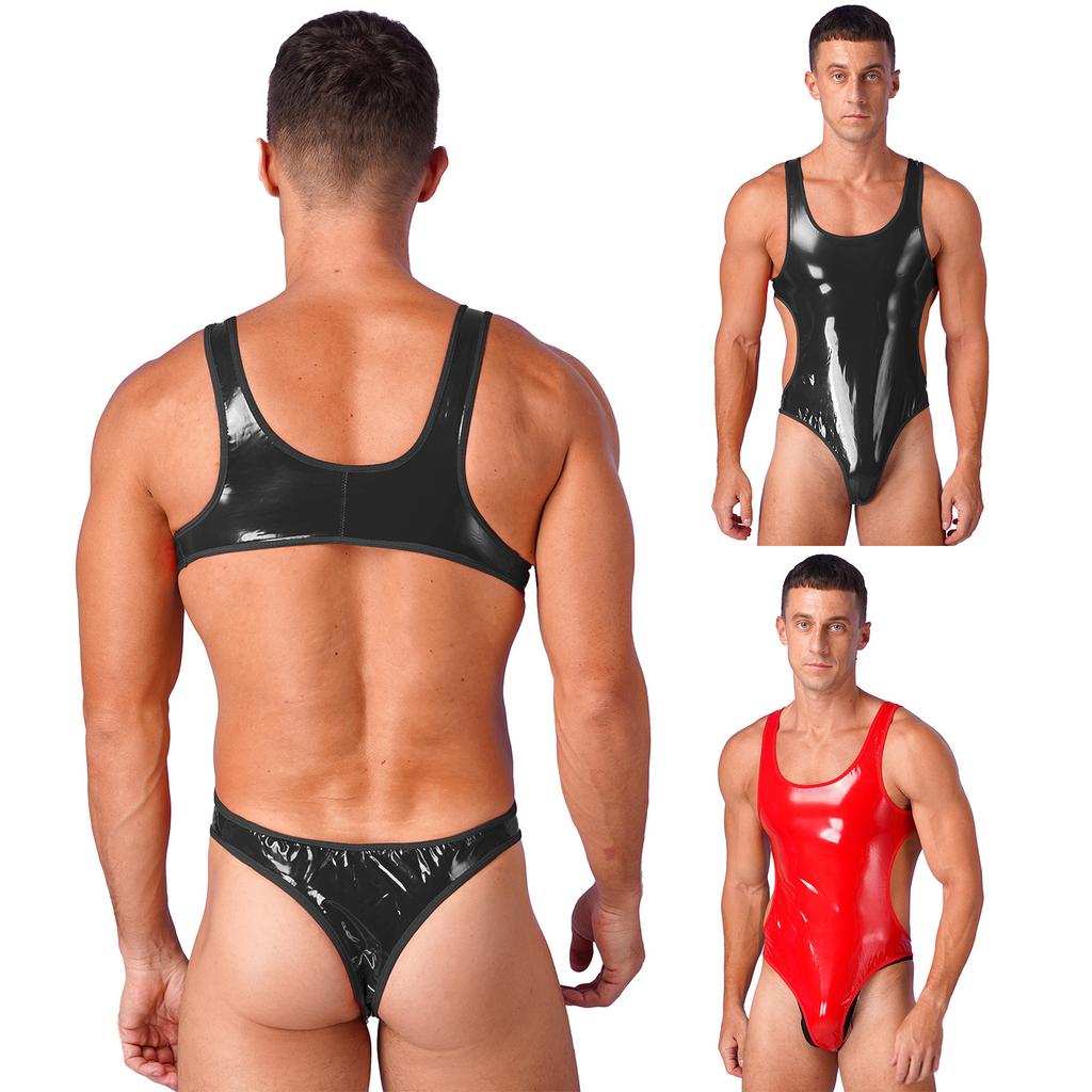 Mens Patent Leather Open Back U Neck Sleeveless Bodysuit Swimsuit