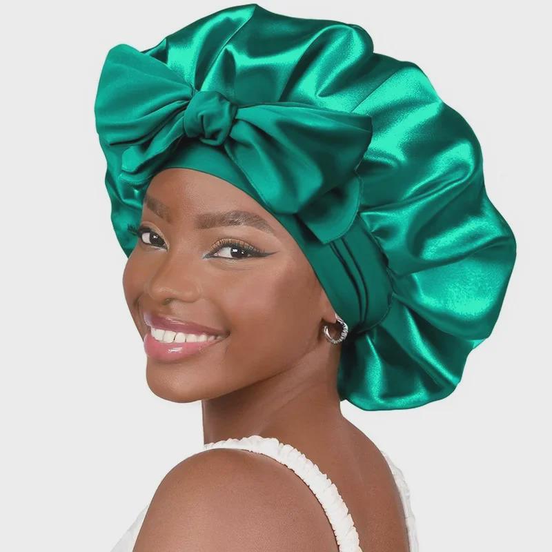 High Elastic Satin Nightcap with Wide Brim & Bow for Salon Hair Care