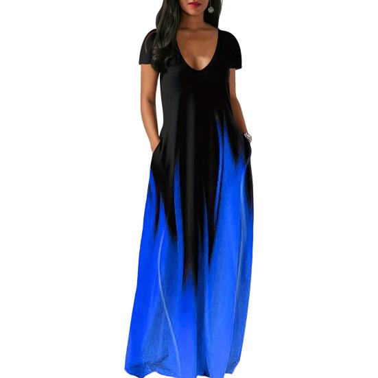 Женское летнее платье с глубоким вырезом и V-образным вырезом с коротким рукавом и контрастным градиентом цвета Свободные карманы длиной до пола Мягкое дышащее повседневное повседневное платье макси