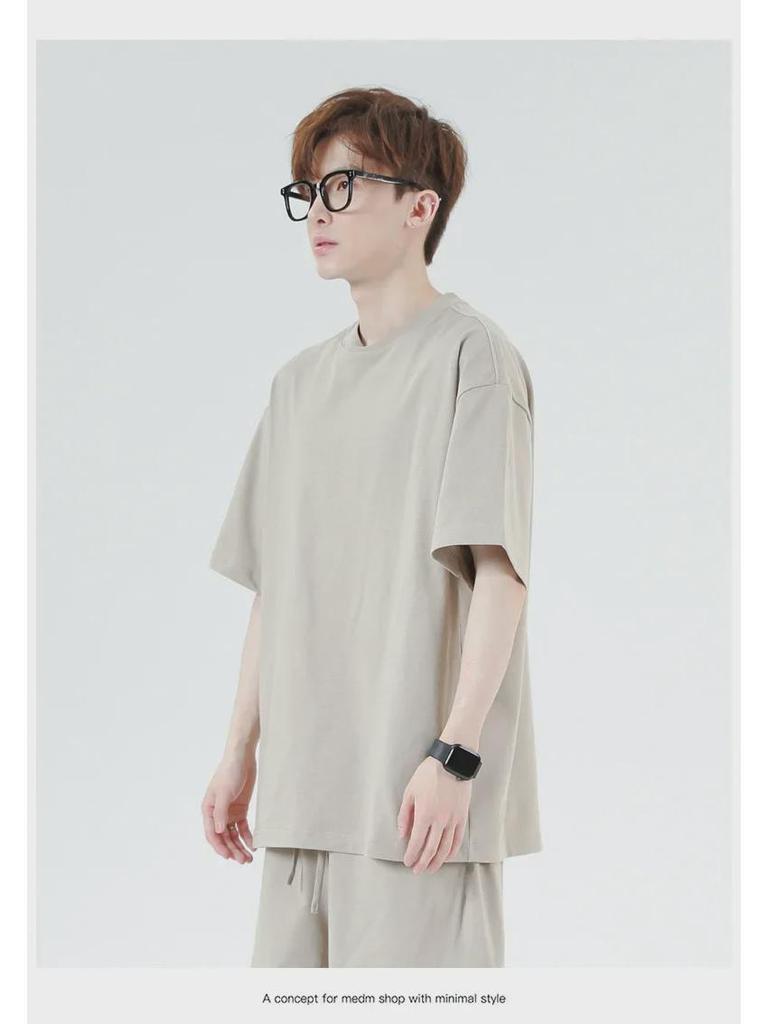 Мужская футболка High Street Trendy из японского плотного хлопка, 275 г, короткие рукава, свободный крой, небольшой воротник, однотонный цвет.