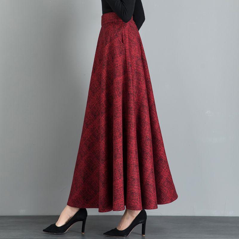 New Woolen Plaid Skirt for Women Mid-length Autumn and Winter Slimming High-waisted A-line Skirt Casual Long Skirt