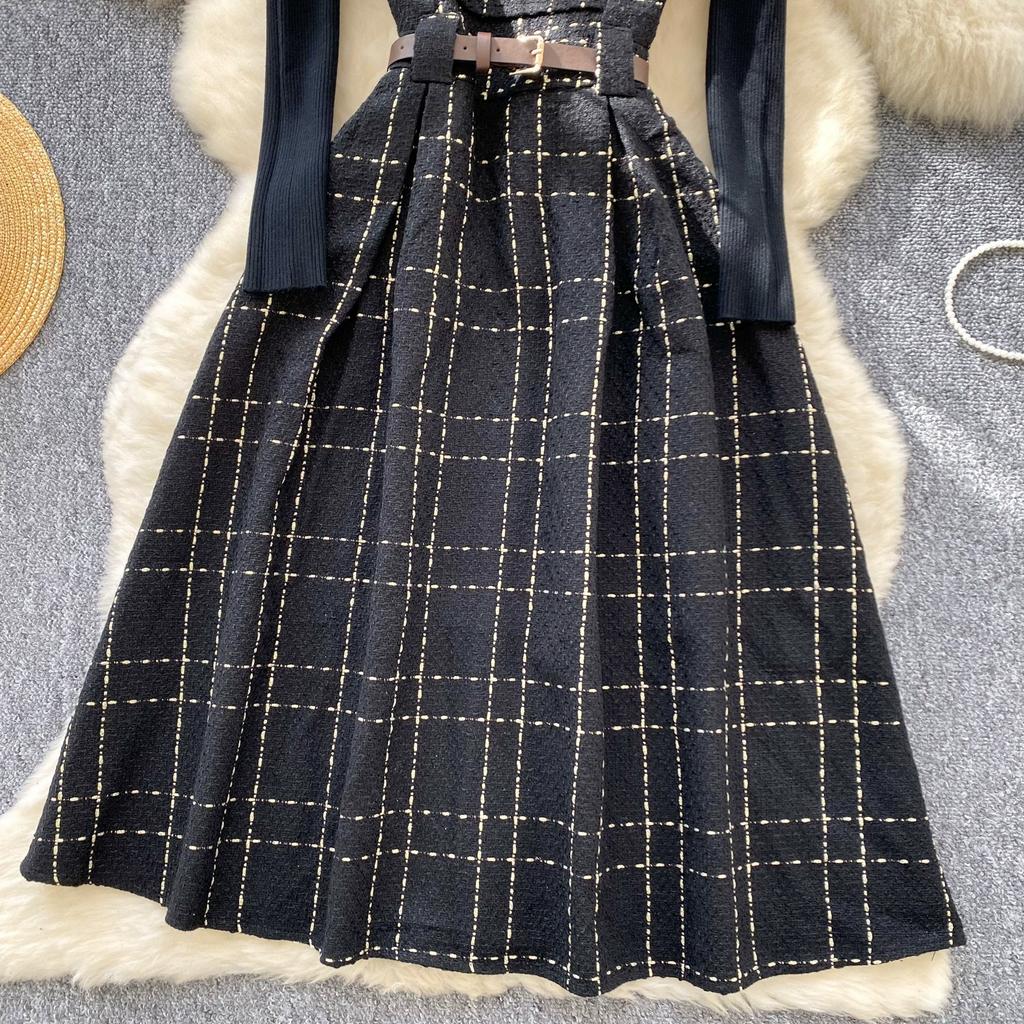 Осенне-зимний женский комплект свитер-платье, повседневный вязаный пуловер, топы + клетчатое твидовое платье, наряды из 2 предметов, женский с поясом