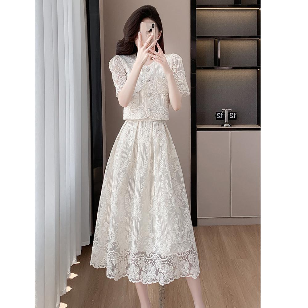 Элегантные женские летние кружевные костюмы, милая однотонная рубашка с цветочной вышивкой, топы, комплект из двух предметов, юбка миди, женская одежда