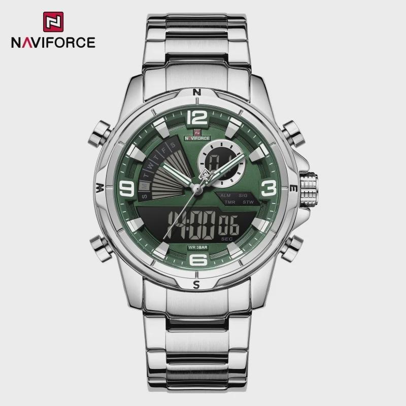 Mens Multifunctional Double-Display Watches Date Stainless Steel Watchband LED Luminous Mode Waterproof Wrist Watch