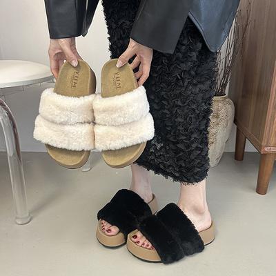 Параллельные брусья на толстой подошве пушистые тапочки для женской верхней одежды 2025 осень новый пушистый универсальный ленивый тапок на одно слово инс