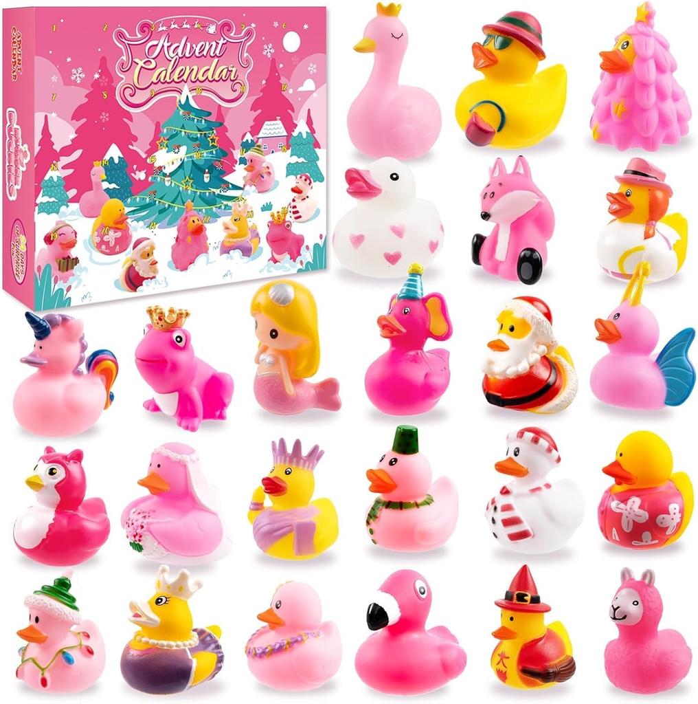 2025 Advent Calendar Christmas Rubber Ducks,24 Days Pink Rubber Duck Countdown Calendar, 24 Pcs Rubbers Ducks Bath Pool Toys for Kids Boys Girls