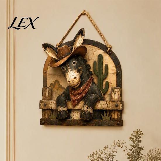 Rustic Wooden Hanging Sign Western Cowboy Donkey Sign, Farmhouse Wall Decor with Country Style Home Decoration Rope, Animal Pendant for Living