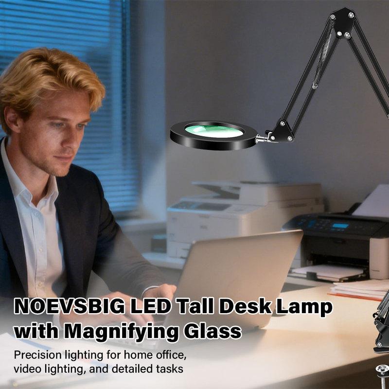 Three stage folding Magnifying Glass with Light and Clamp 3 Color Modes Stepless Dimmable Flexible Swing Arm 72 LED Desk Lamp