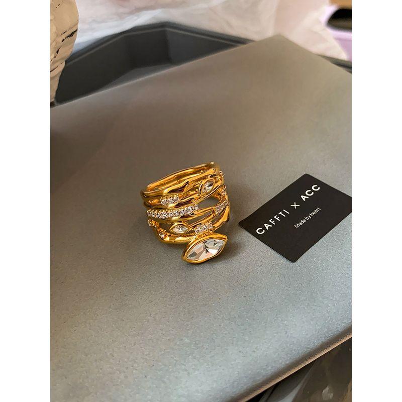 Fashion Exaggerated Zircon Hollow Gold Multi-Layer Line Ring Female Accessible Luxury Niche Design Classy Index Finger Ring