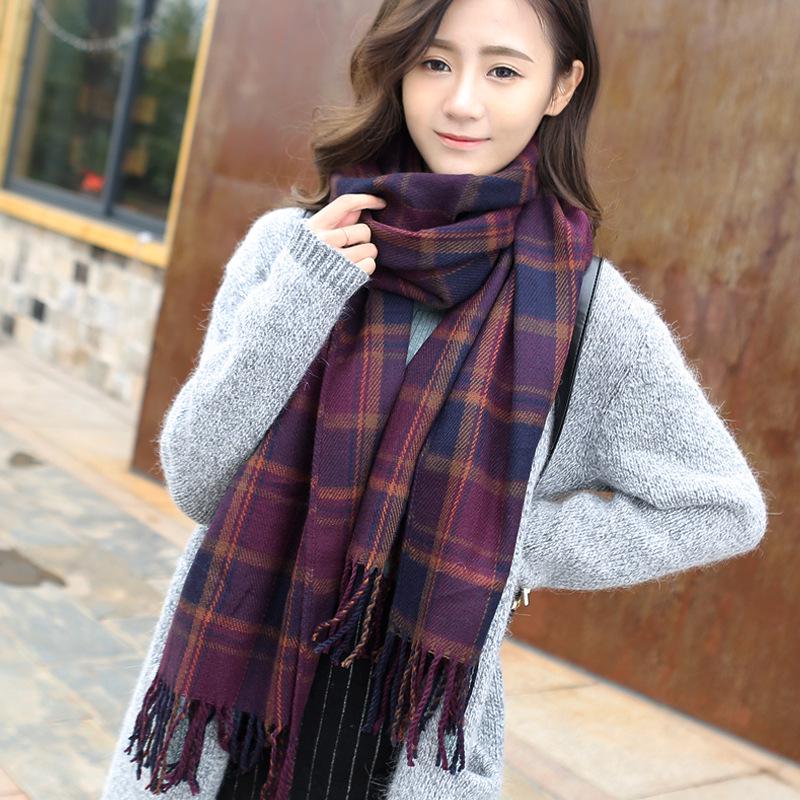 Women's Korean Style Knitted Plaid Tassel Shawl: Thick, Double-Sided & Versatile Winter Scarf