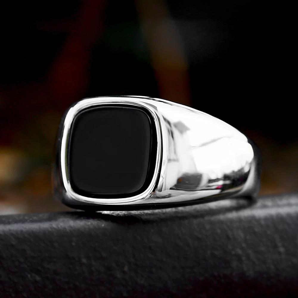 Новое поступление Кольца из нержавеющей стали с черным агатом для мужчин и женщин Панк Байкер Высокополированное Квадратное кольцо Парные украшения