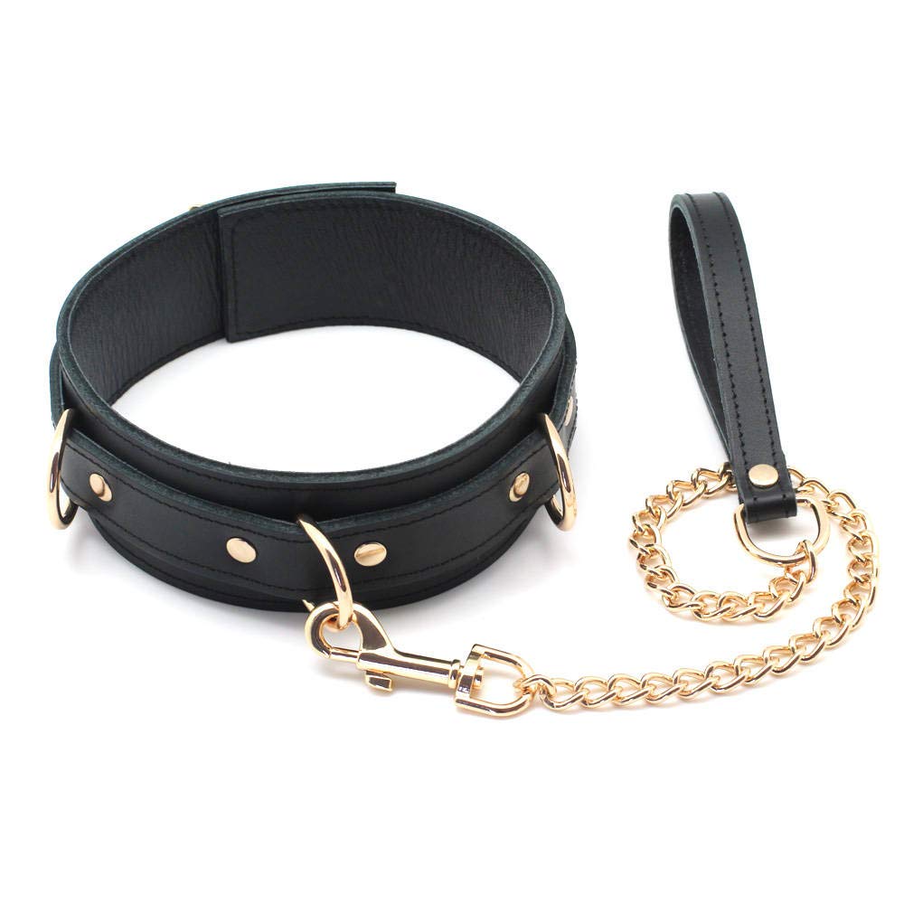 Liebe Seele SM Goods Collar and Handcuffs Black Set Genuine Leather High Quality Cosplay X Gold (black Hardware)