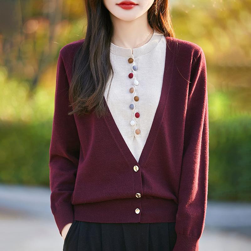 Вязаный свитер с круглым вырезом, имитация двойки, новая весенне-осенняя коллекция, вязаный свитер-пальто с длинными рукавами