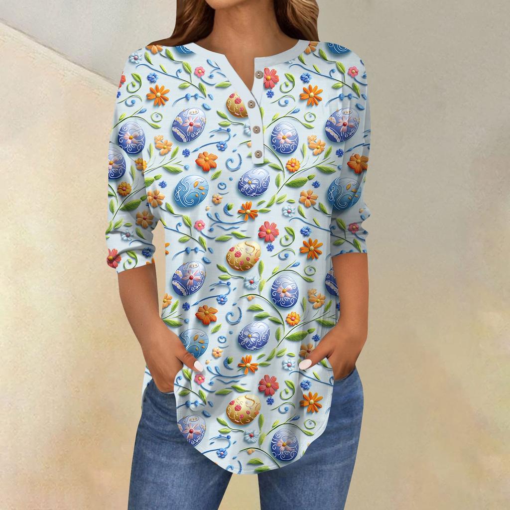Women's 3/4 Sleeve Easter Egg Bunny Print Button Collar Fashion Casual Top