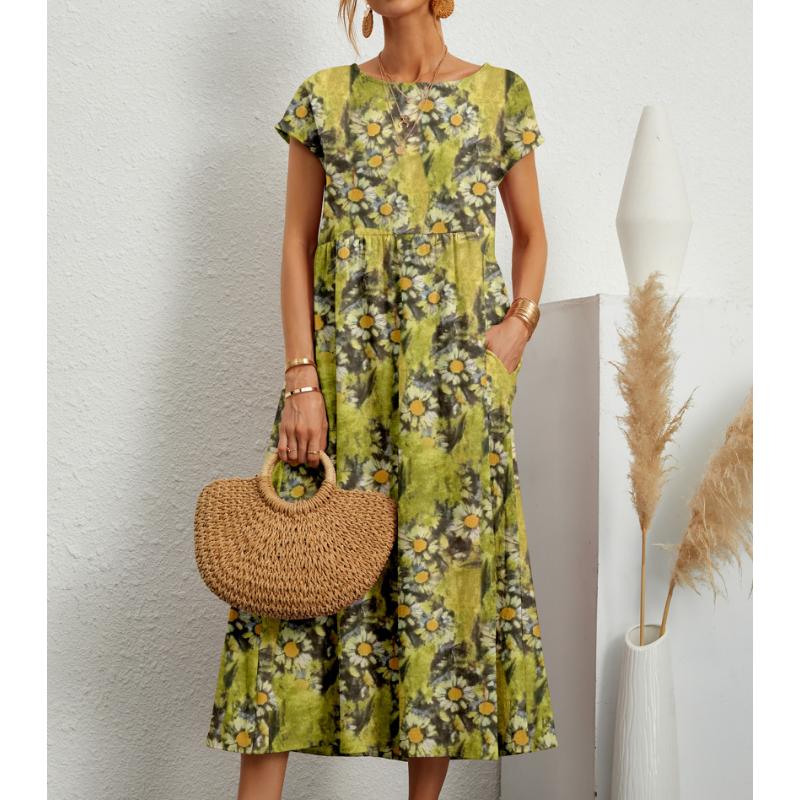 Women's Summer Cotton Linen Dress, Fashion Loose Floral Print Round Neck Short Sleeve Midi Casual Dress with Pockets