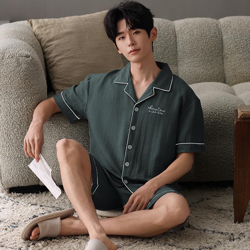 Новый летний тонкий хлопковый мужской пижамный комплект с коротким рукавом, кардиган, однотонная мужская пижама, домашняя одежда, топы и шорты, комплект из 2 предметов для сна