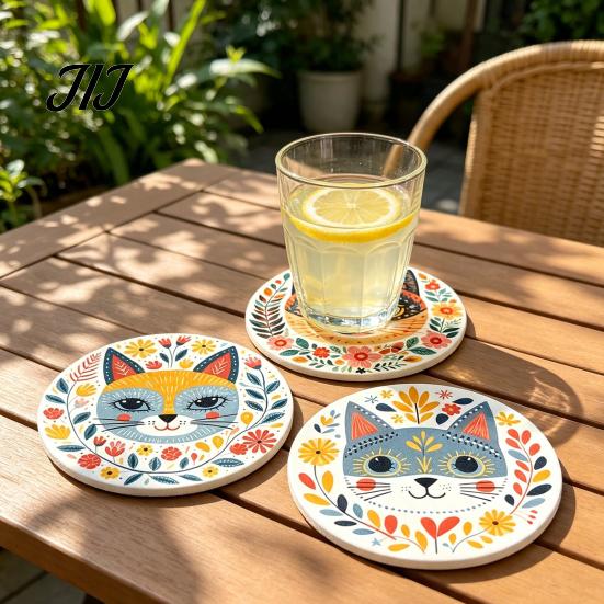 Heat Insulation Mats for Coffee Cups 6 Pcs Cute Cat Coasters, Thick Heat-Resistant Wood Coaster Tabletop Protection, Wooden Drink Coasters Table