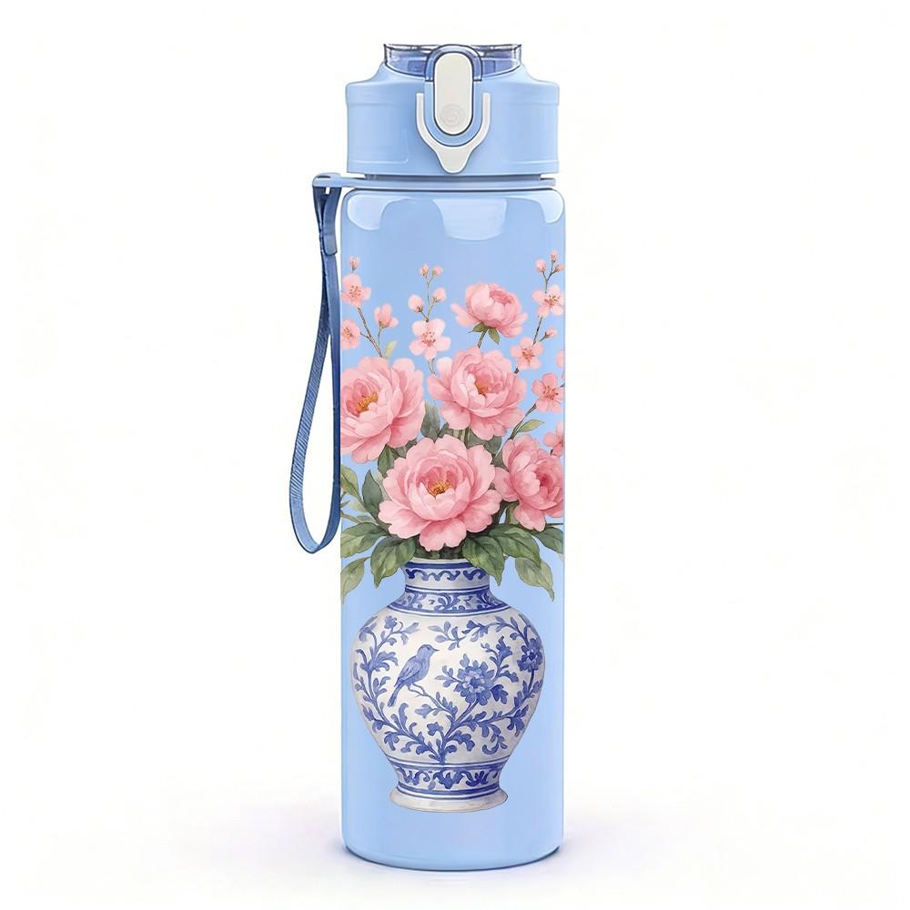 1PC Pink Floral Vase Vintage Pattern 750ml Color Plastic Sports Water Bottle Leakproof Flip Straw Lid Suitable for Sports Office Home Use