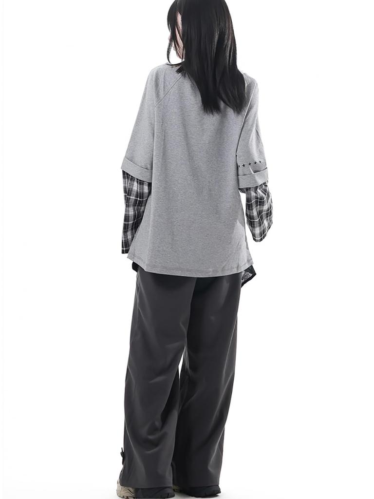 XHSUKADO Faux Yami Star Long Black Size M Women's School-Style Dress, Layered, Punk, Checkered, Subculture, Y2K, Kawaii, Shibuya, Harajuku, Print,