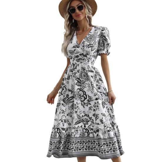 Женское платье миди с V-образным вырезом и короткими рукавами-фонариками в тон с цветочным принтом, с высокой узкой талией, трапециевидной формы, с большими качелями, для отпуска, выпускного вечера, летнего платья миди