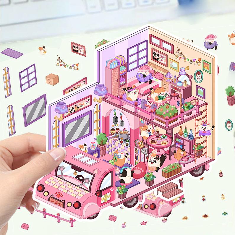 Cartoon Landscape Stickers Multiple Miniature World 3D Hut Unzip DIY Scene Manual Post