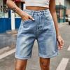 Летние женские джинсовые шорты со средней талией, длиной до колена, эластичные, повседневные, широкие, прямые, потертые, с манжетами, короткие джинсы с карманами