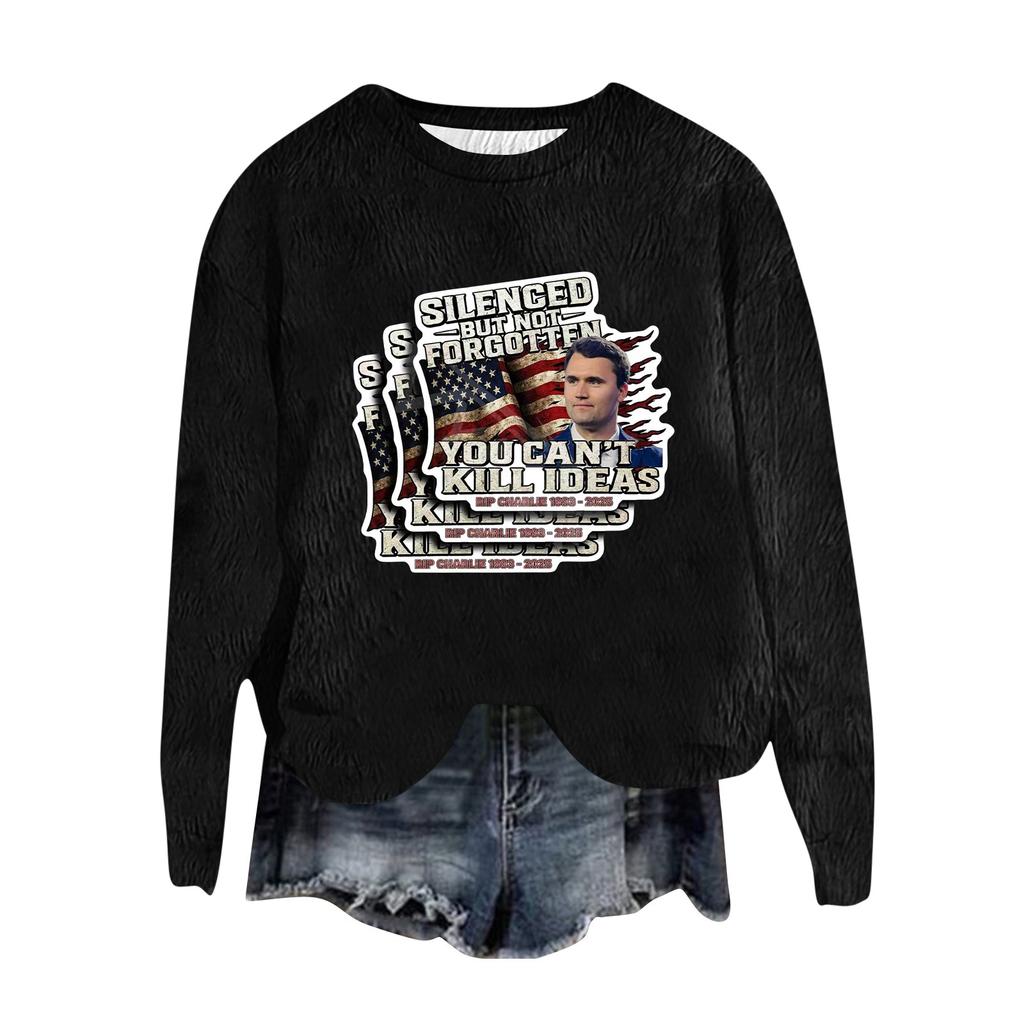 Women's Fashion Round Neck Pullover Top Long Sleeve Tee Printed Sweatshirt