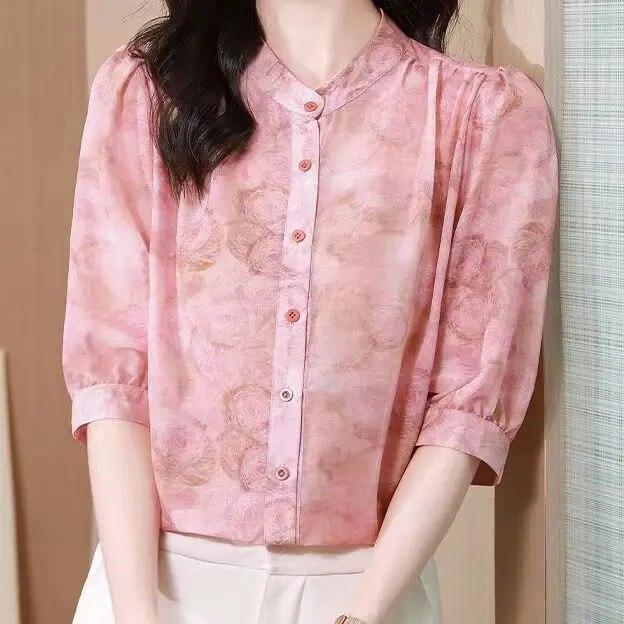 Шифоновая рубашка с цветочным принтом, женская блузка с рукавом 3/4, новый летний свободный топ с круглым воротником, M-4XL