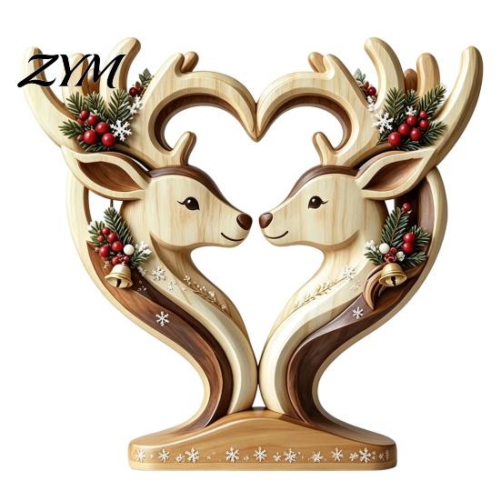 Decorative Wooden Animal Ornaments Ornament with Stable Base, Double Layer Carved Figurine, Rustic Wood Crafts for Office Heart Shape Sculpture