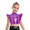 Kids Girls Metallic Tank Tops Mock Neck Mesh Patchwork Rhinestone Adorned Sleeveless Shiny Ruffle Crop Tops with Press Buttons Keyhole Back Dance Shir