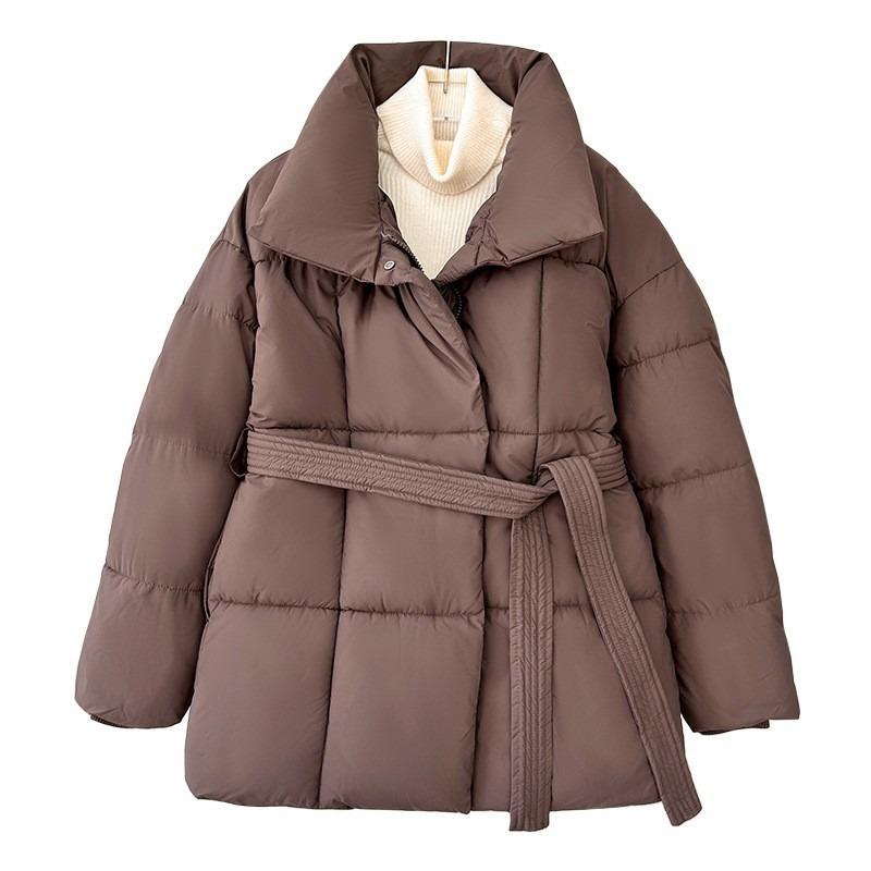 Women Stand Collar Belted Loose Fit Mid Length Long Sleeve Padded Coat Solid Color Winter Outerwear